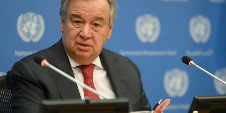 (FILES) In this file photo taken on February 4, 2020 United Nations Secretary General Antonio Guterres speaks during a press briefing at United Nations Headquarters in New York City. - UN Secretary-General Antonio Guterres on May 6, 2020 called on governments around the world to specifically take into account the billions of people with disabilities in their response to the COVID-19 pandemic. (Photo by Angela Weiss / AFP)