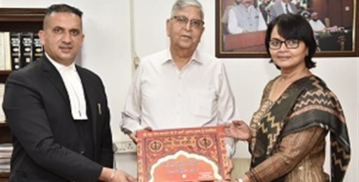 Justice Vinod K. Sharma was today presented the Coffee Table Book depicting Spiritual Journey of Guru Teg Bahadur Sahib- authored by Punjab based Lawyer Harpreet Sandhu