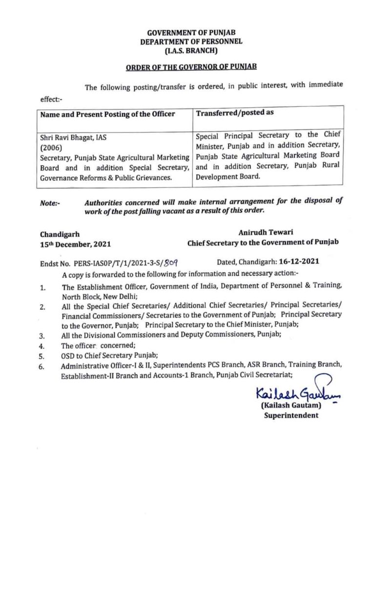 Ravi Bhagat appointed special principal secretary to C M Punjab ...