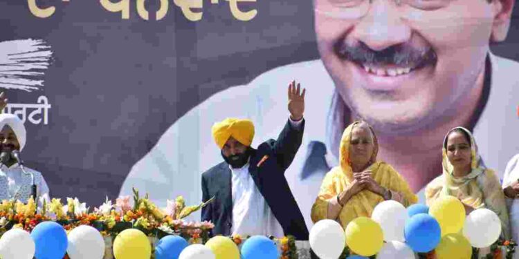 Bhagwant Mann greet the party workers and supporters after party's victory in the Punjab Assembly elections, in Sangrur