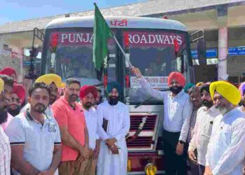 Transport Minister Laljit Singh Bhullar flags off the bus from Patti Bus Stand